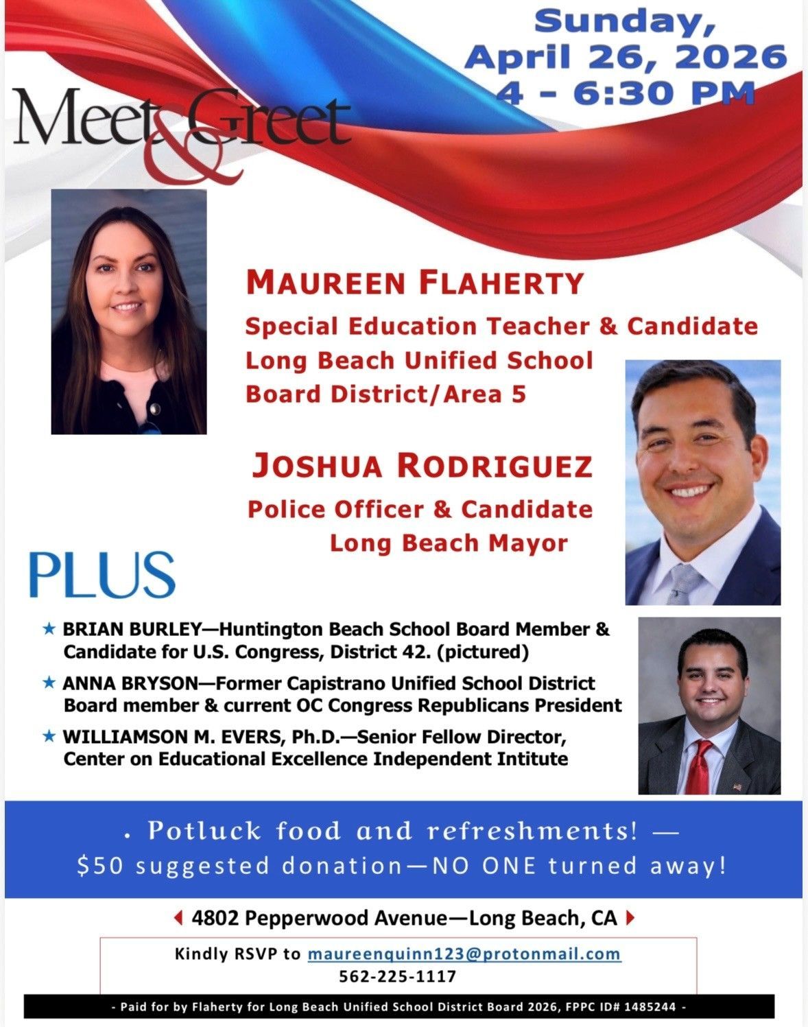 Meet & Greet flyer for Maureen Flaherty and Joshua Rodriguez, Sunday April 26, 2026, Long Beach, CA.