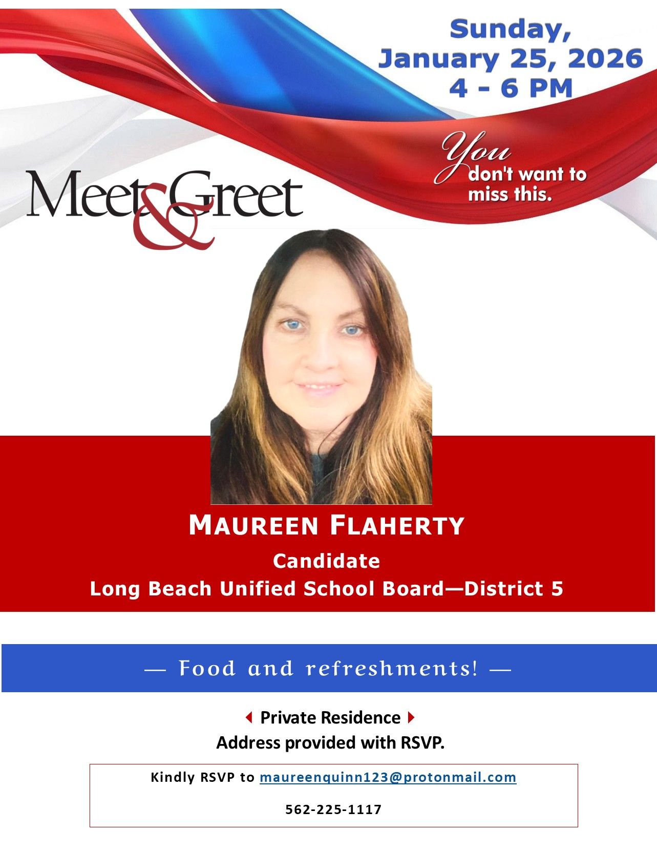 Meet & Greet flyer for Maureen Flaherty, candidate for LB school board District 5, Jan. 25, 2026, 4–6 PM