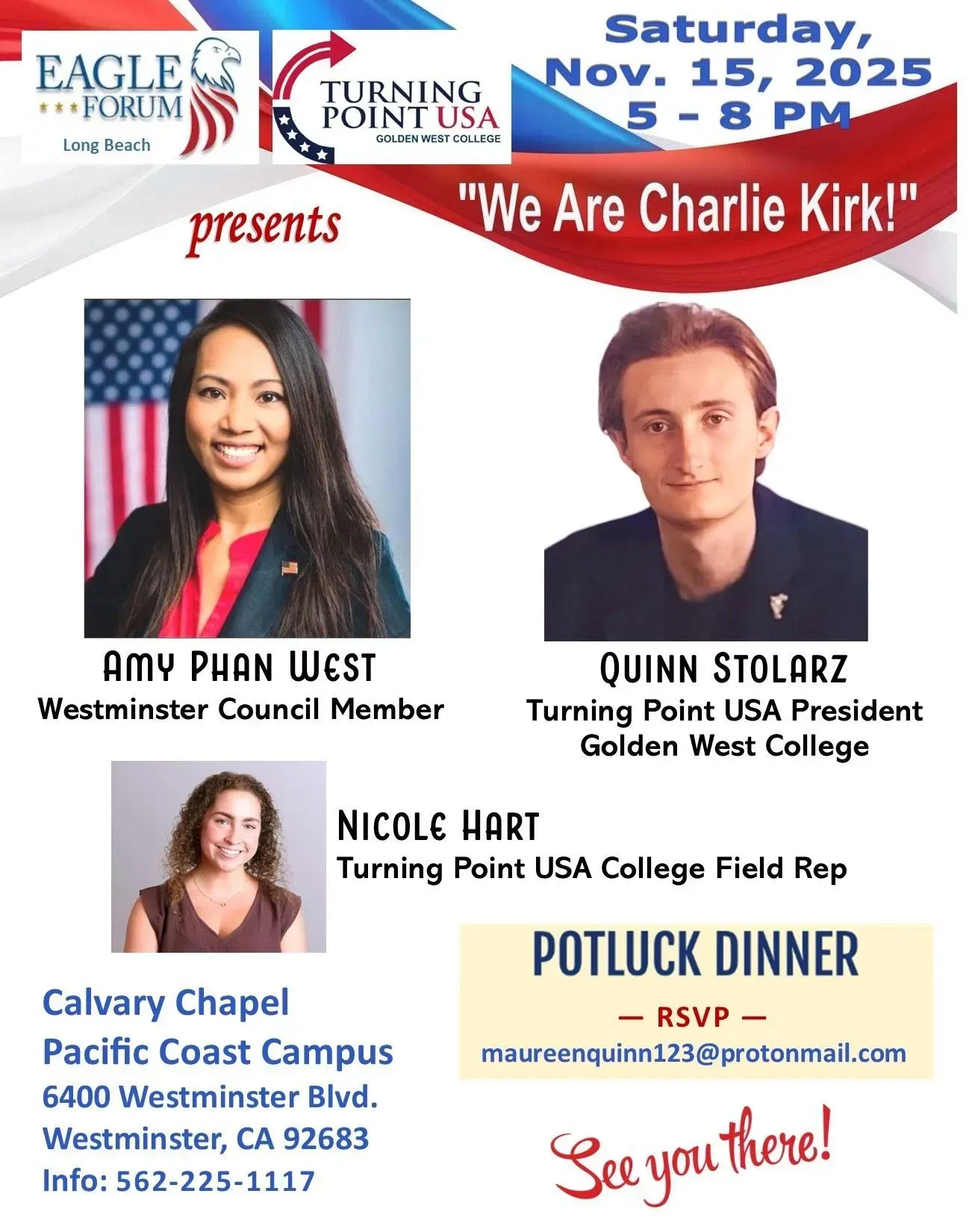 Event flyer for “We Are Charlie Kirk!” dinner with speakers, date, time, and Westminster, CA venue details.
