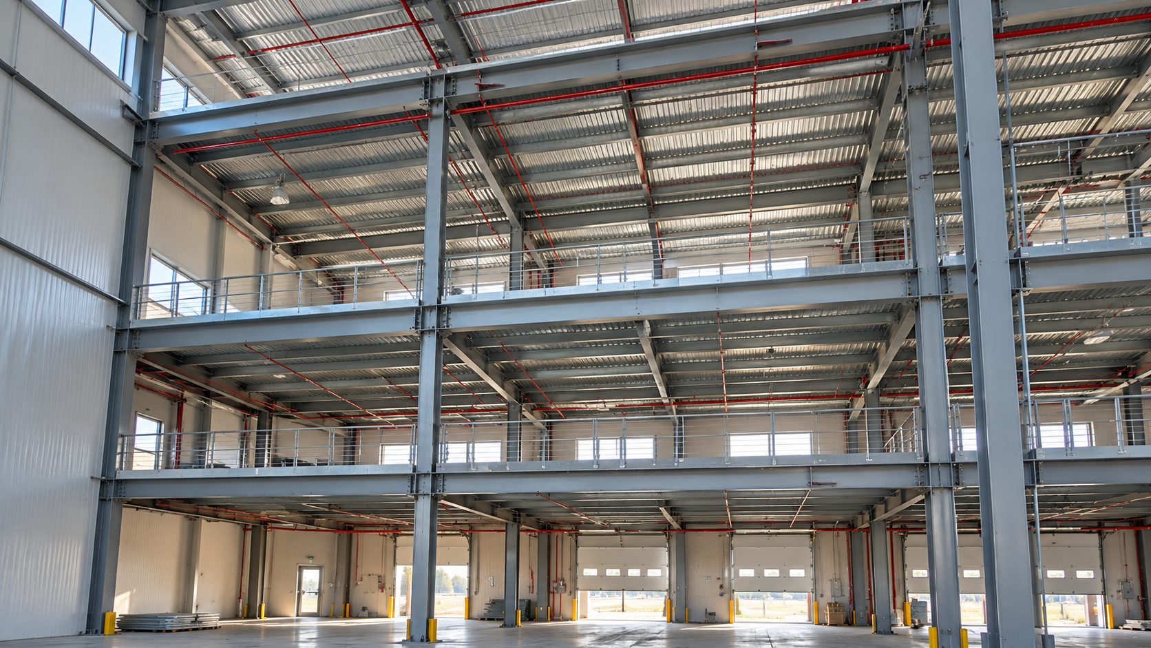 Empty industrial warehouse interior with steel frame beams, concrete floor, and skylights.