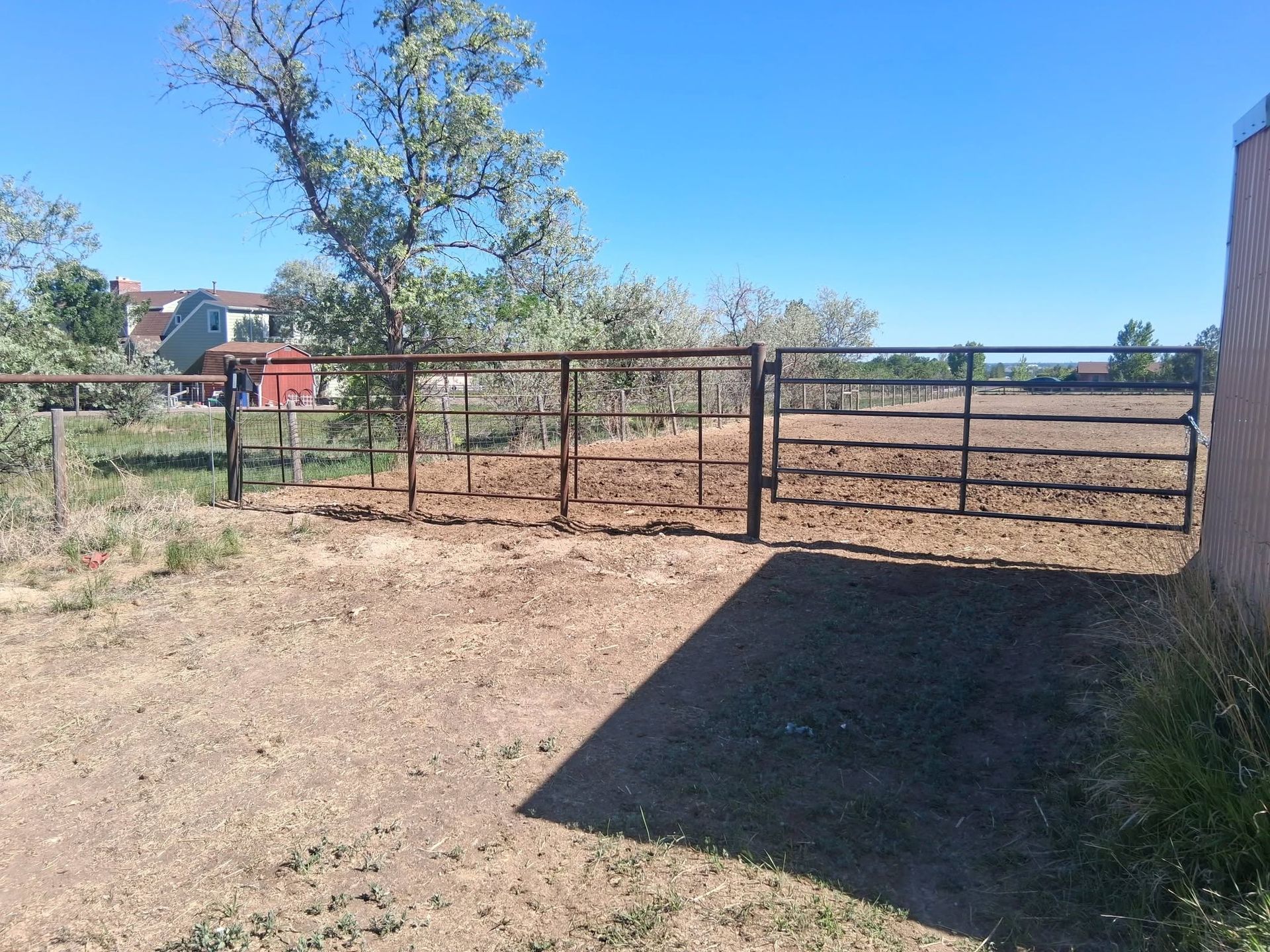 Dry dirt yard with a metal gate and fence, tree, and a building casting a large shadow on the ground.