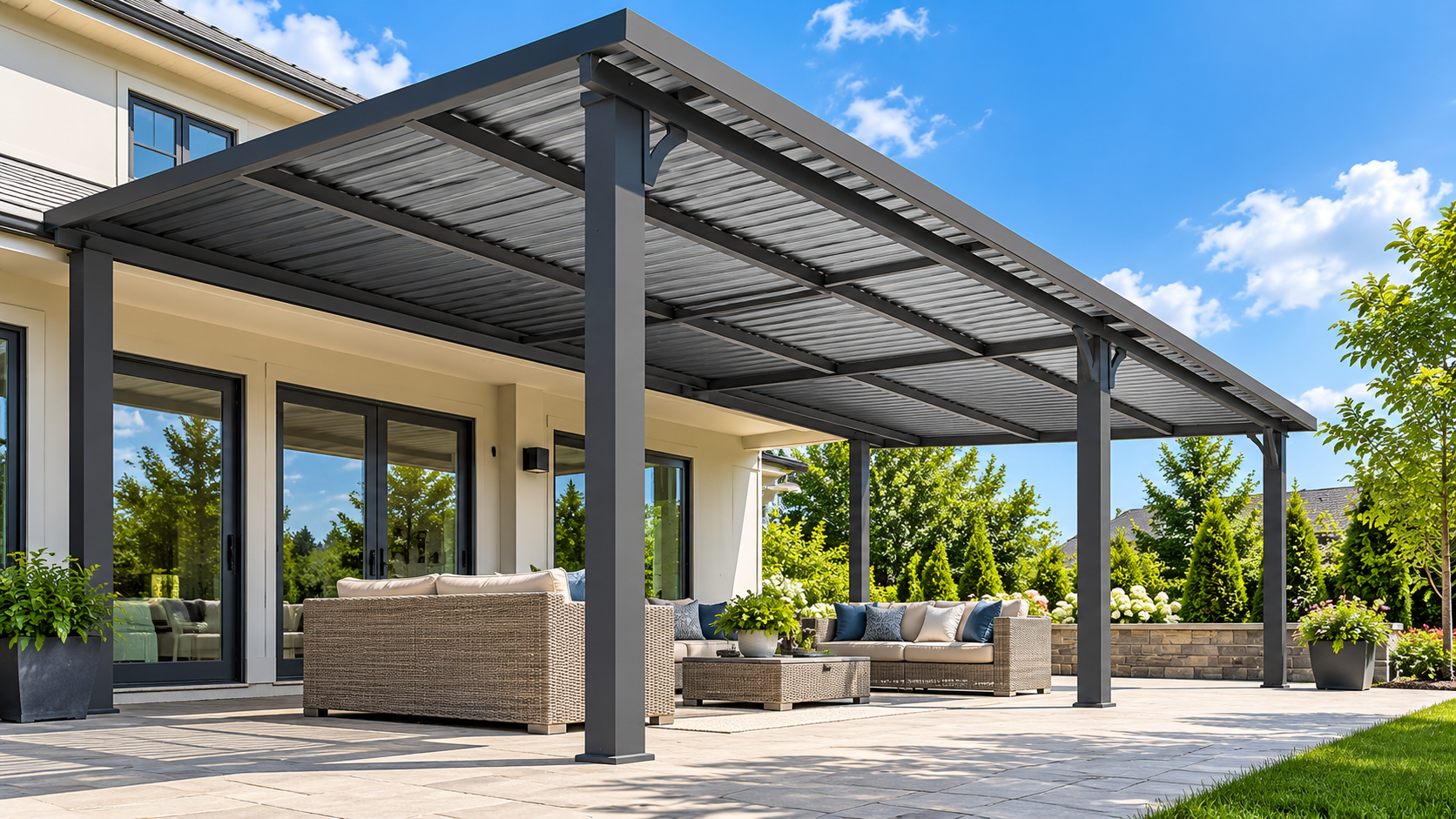 Modern patio with a black pergola, outdoor seating, and a house in the background