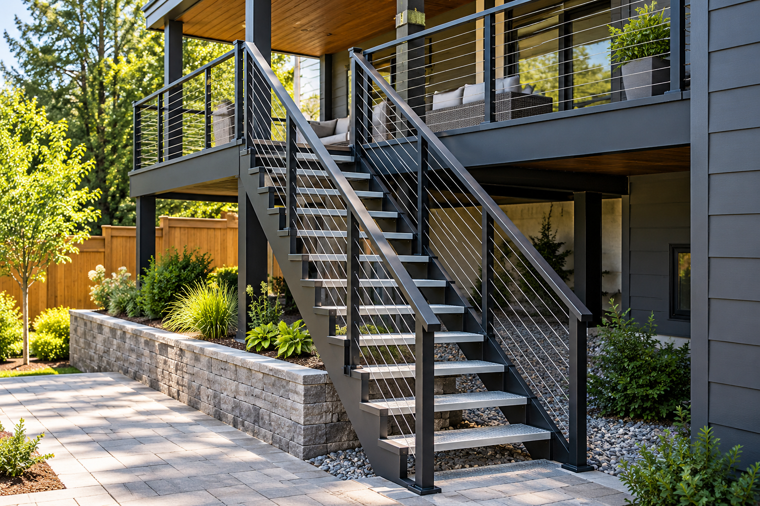 Modern apartment exterior with black metal stairs and stone retaining wall surrounded by greenery