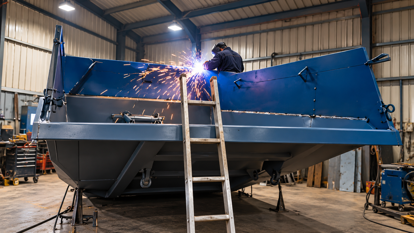 Welder sparks on a large blue metal boat hull inside a workshop, with a ladder in front.