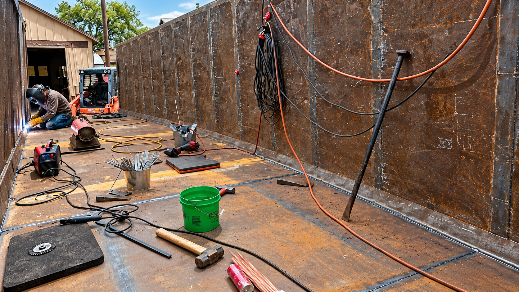 Construction worksite with workers, tools, and welding along a large rust-colored metal wall