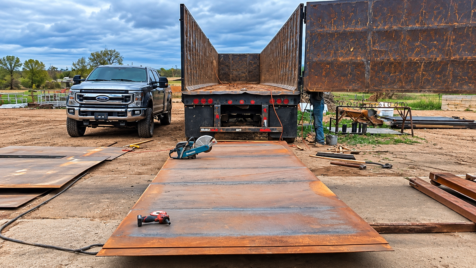 Rusty steel plates and a truck at an industrial worksite under a cloudy sky