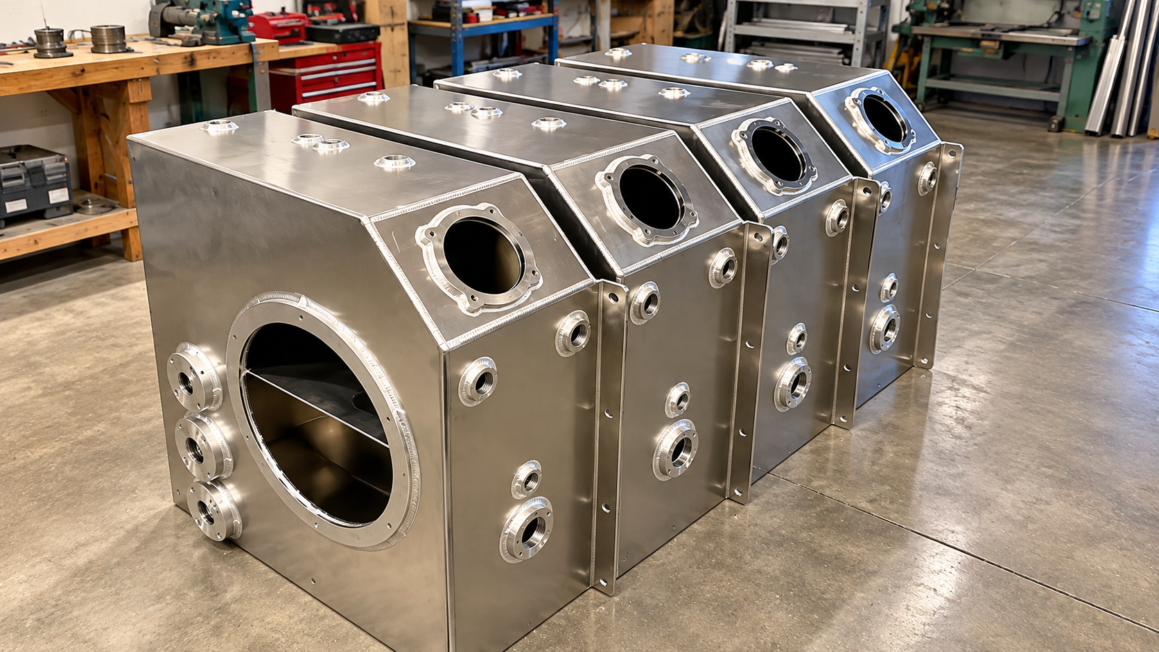 Metal industrial machine housing with circular openings and angled panels in a workshop.