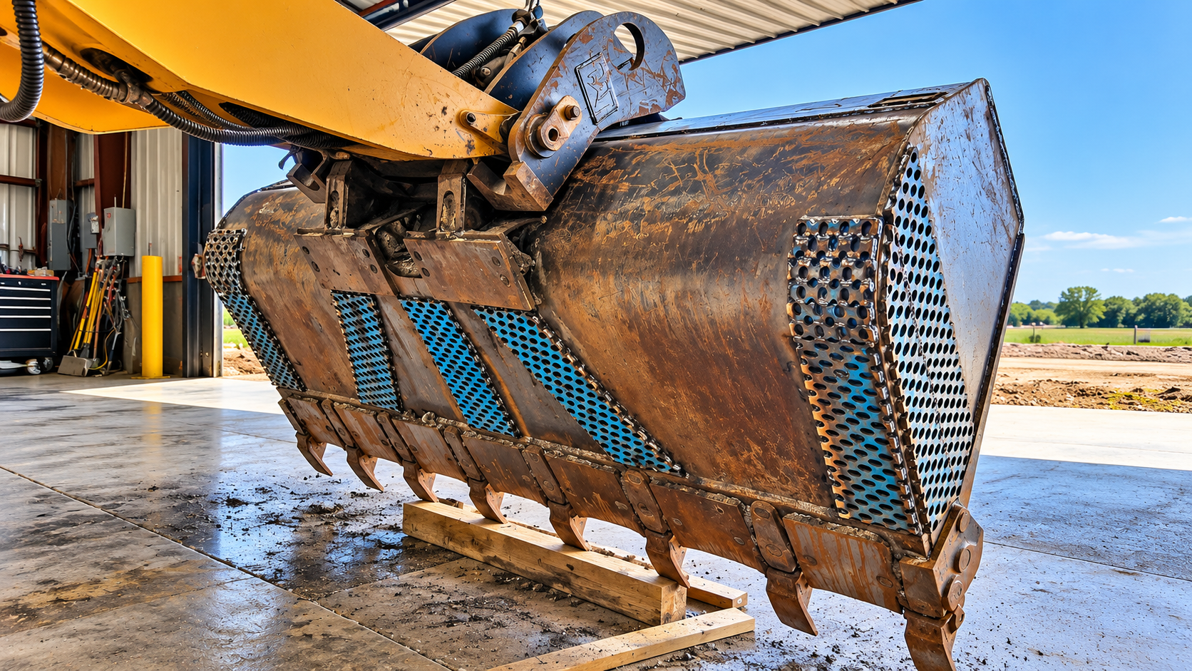 Rusty excavator bucket with blue reinforced panels at a construction site under a bright sky