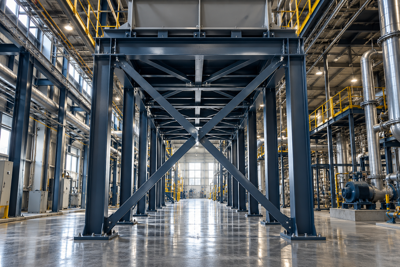 Large steel industrial structure inside a bright factory hall with reflective concrete floor