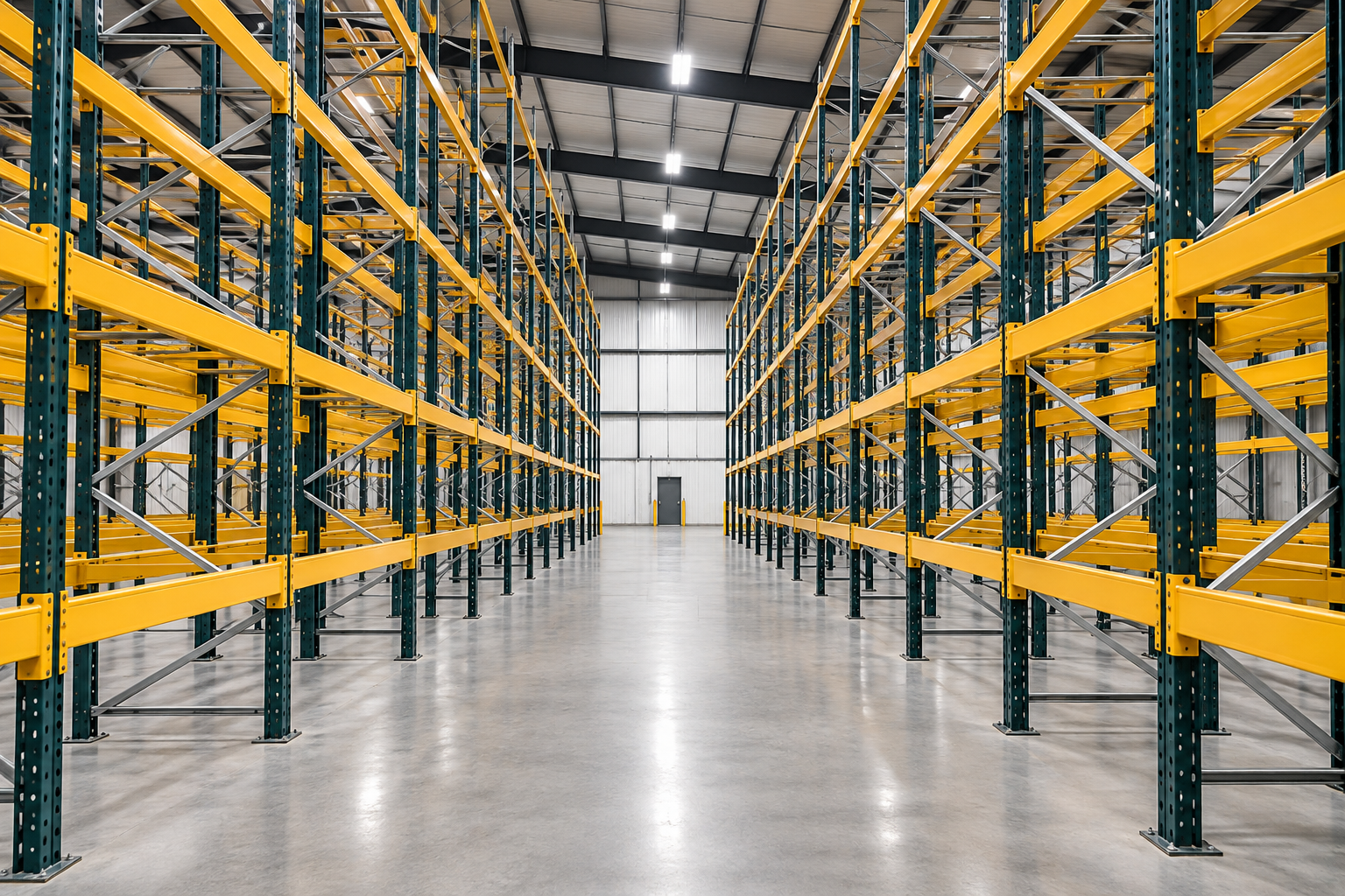 Empty warehouse aisle with tall yellow-and-green storage racks and polished concrete floor