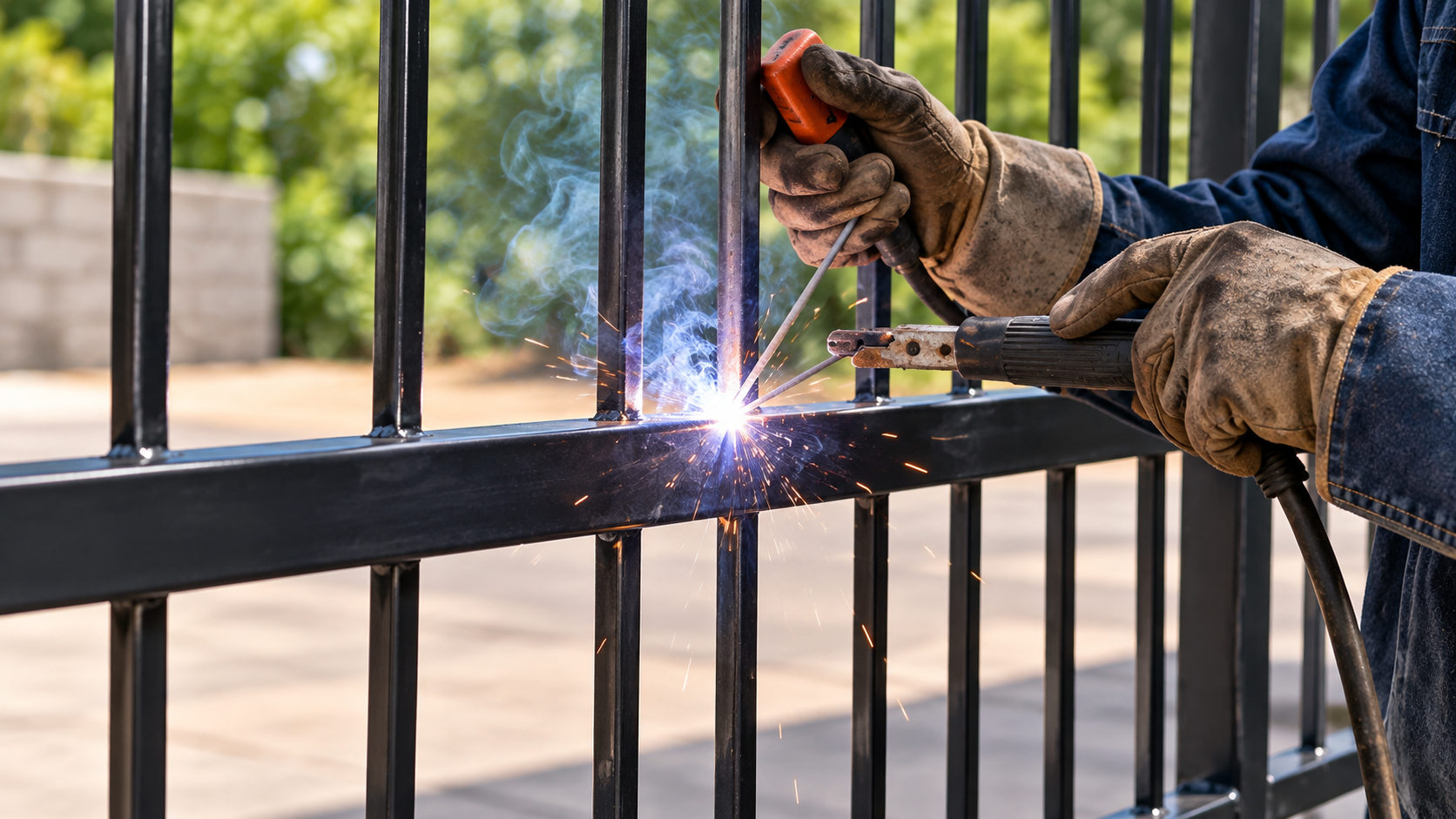 Worker welding a black metal fence, sparks flying, outdoors by a sidewalk