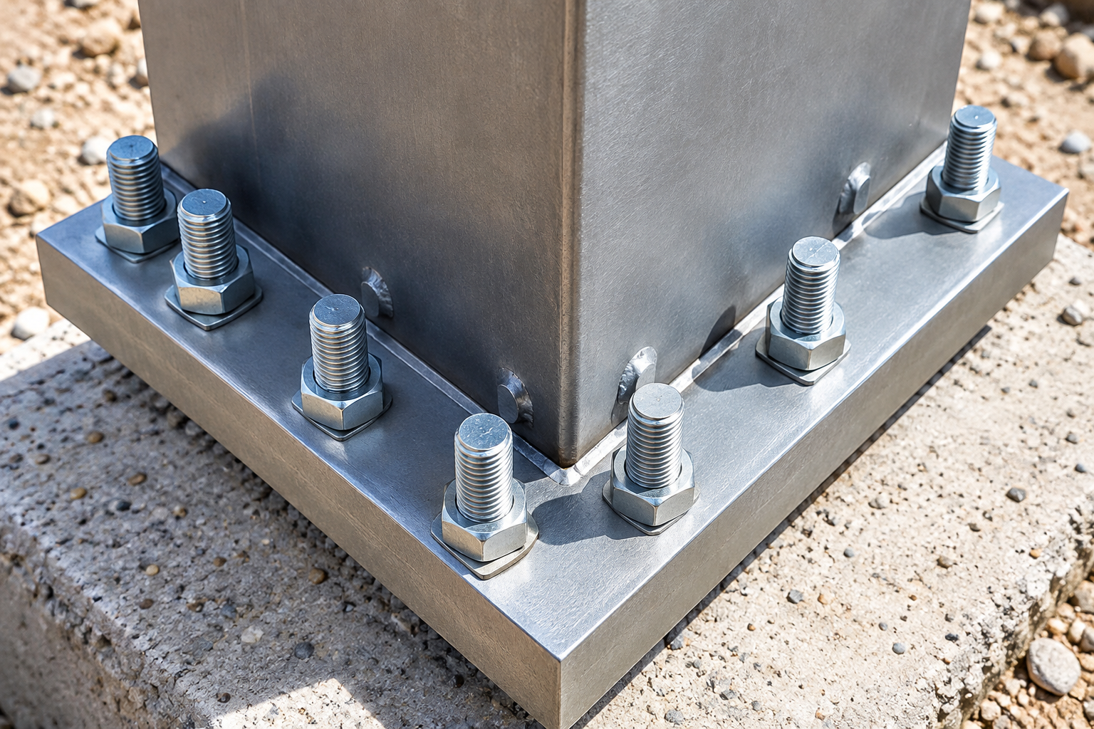 Steel post base with anchor bolts on a concrete foundation