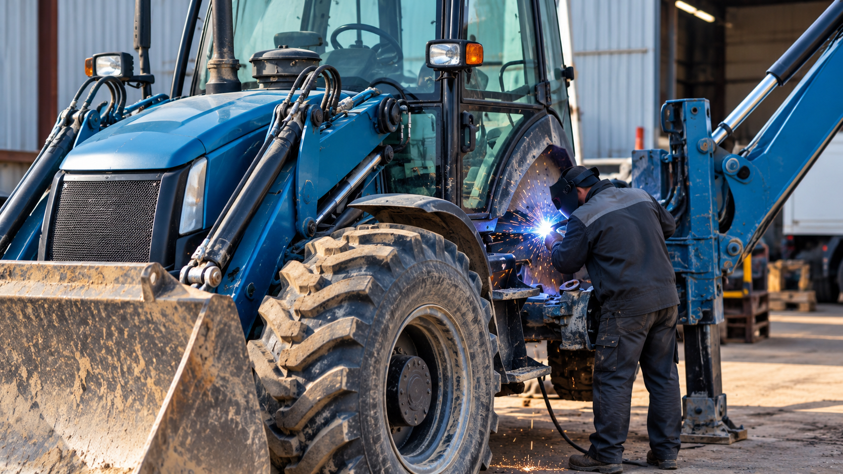Worker welding near a blue tractor in a garage, with sparks flying.