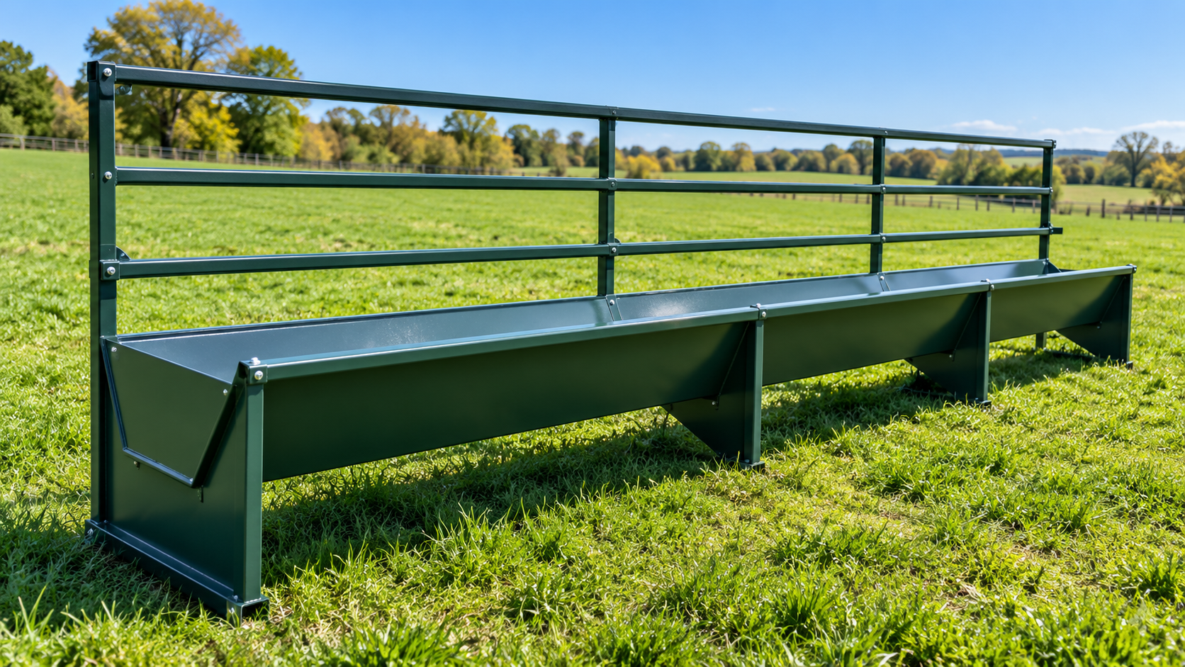 Green metal bleacher benches on a grassy sports field under a clear sky
