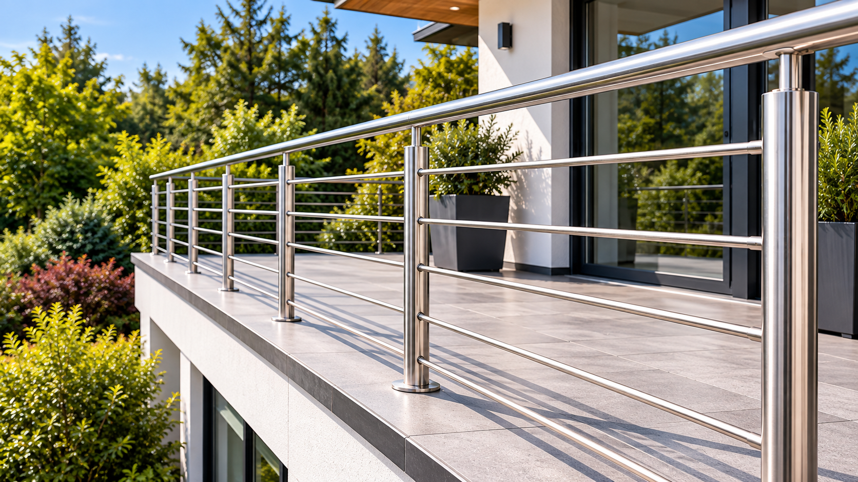 Modern balcony with stainless steel railing overlooking trees and garden greenery
