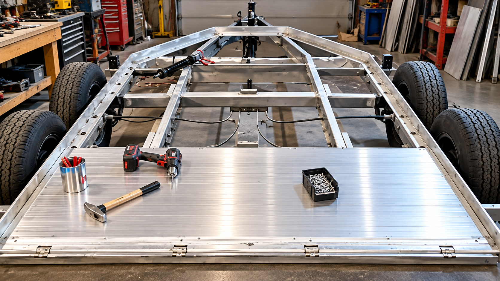 Flat metal chassis in a workshop with tools on top and four large wheels visible