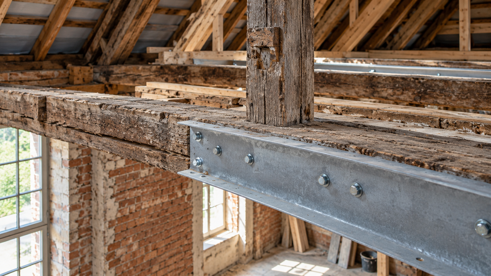 Rusty steel beam bolted into old brick and timber attic interior with a window