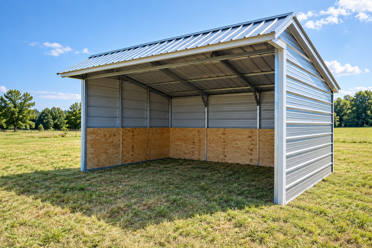 Open-sided metal shed with a gabled roof in a grassy field under a blue sky