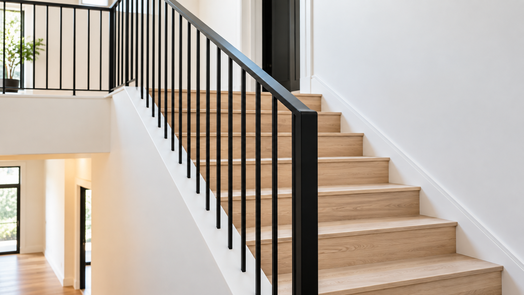 Modern staircase with light wood steps, black railing, and white walls in a bright interior.