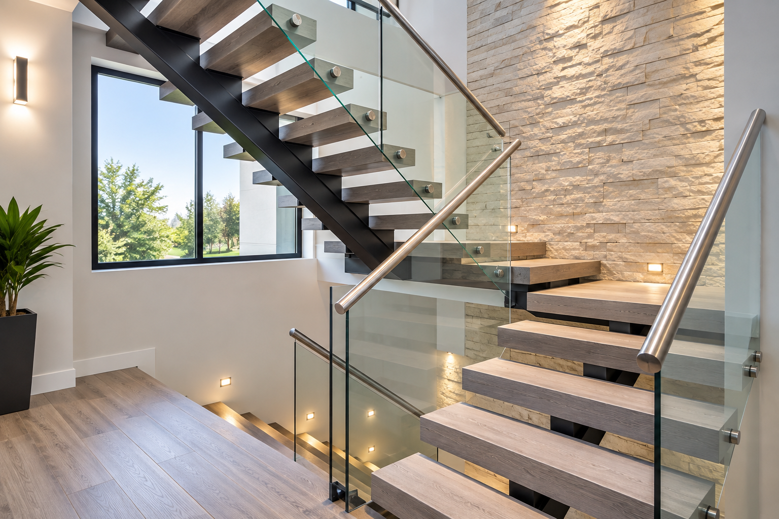 Modern staircase with glass railings, stone accent wall, and sunlight through large windows