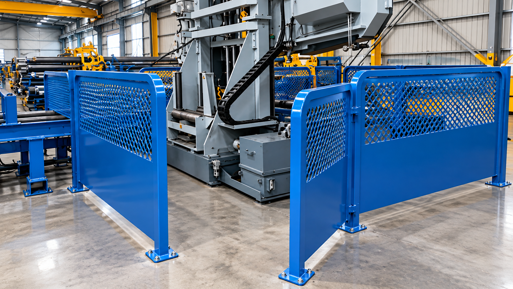 Blue industrial safety barriers in a factory beside a robotic arm and machinery