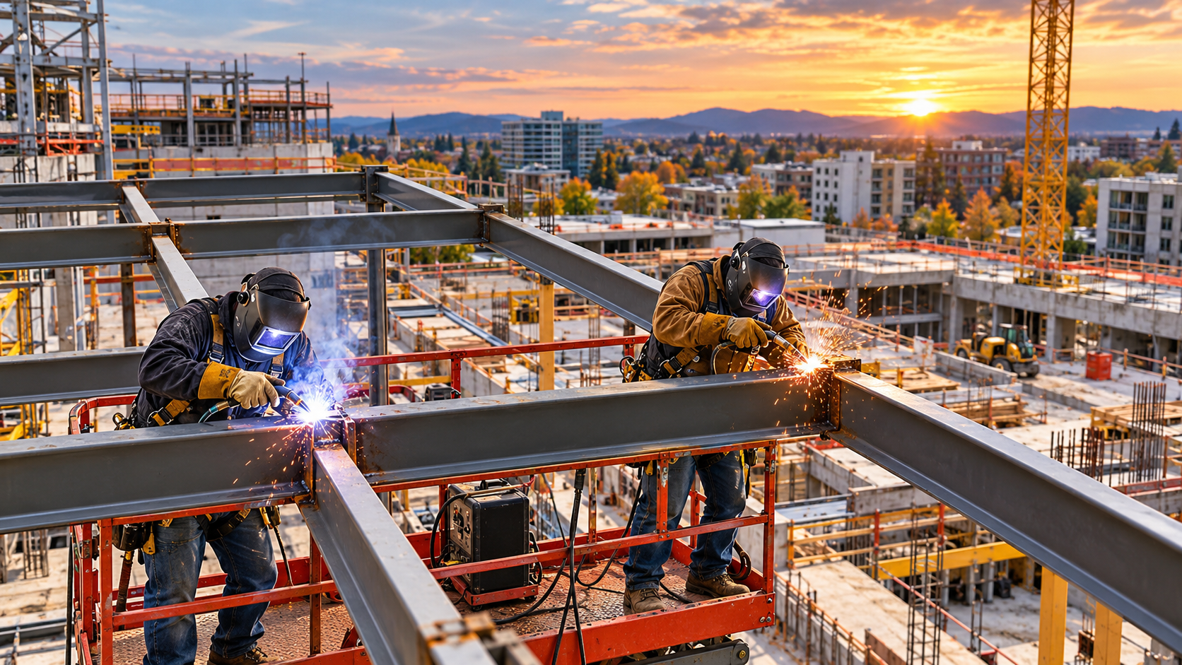 Construction workers welding steel beams at a building site during sunset, with city buildings in the background.