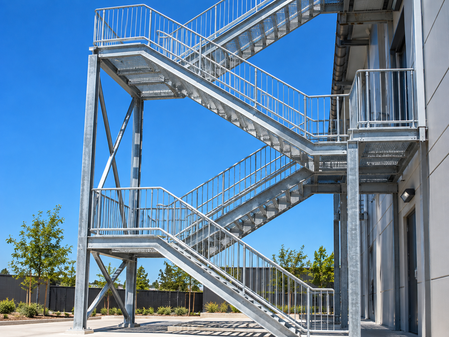 Outdoor metal fire escape stairs beside a building under a clear blue sky