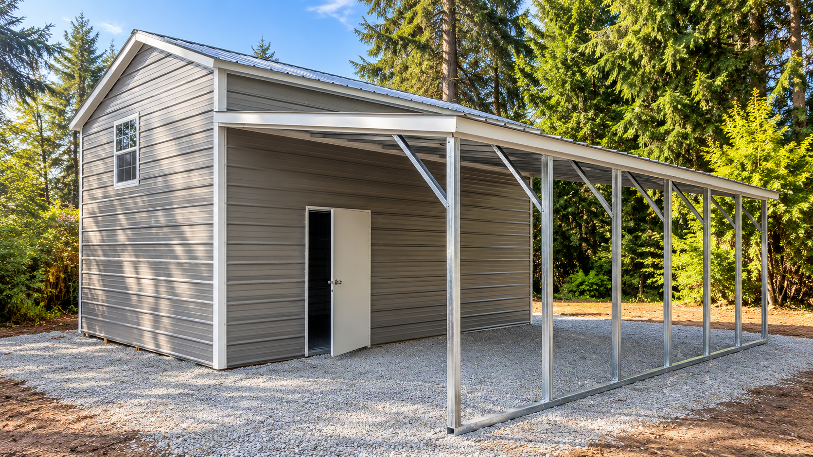 Small gray shed with a white metal carport on gravel, surrounded by trees.