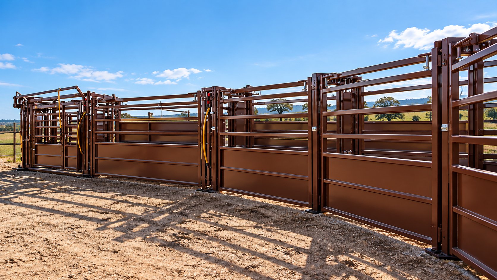 Rust-colored cattle corral with metal gates in a dusty ranch yard under a clear blue sky