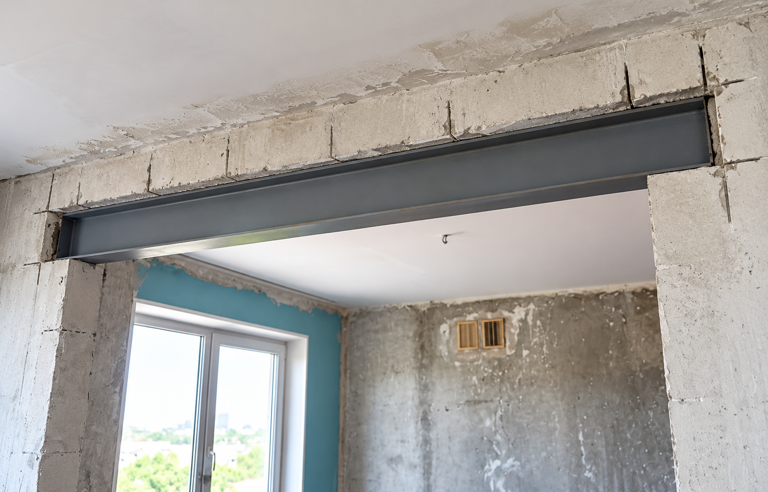Interior under construction with unfinished doorway, exposed concrete, and a window letting in daylight