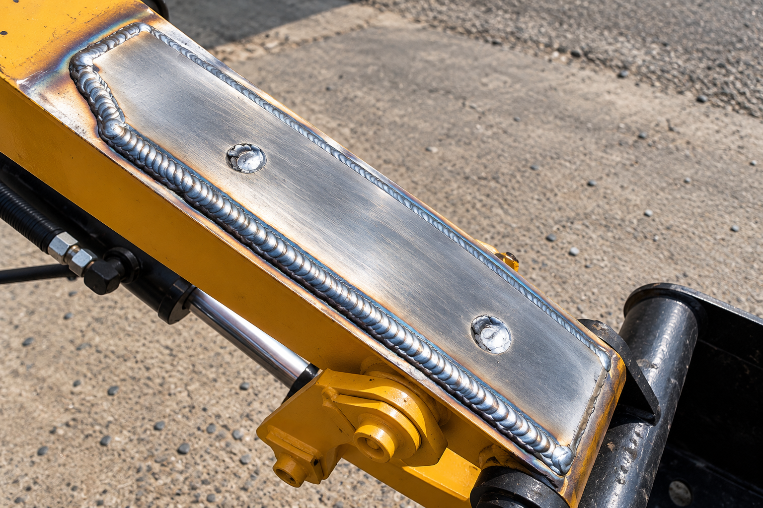 Close-up of a yellow metal machine with a silver welded strip and bolts on a concrete surface
