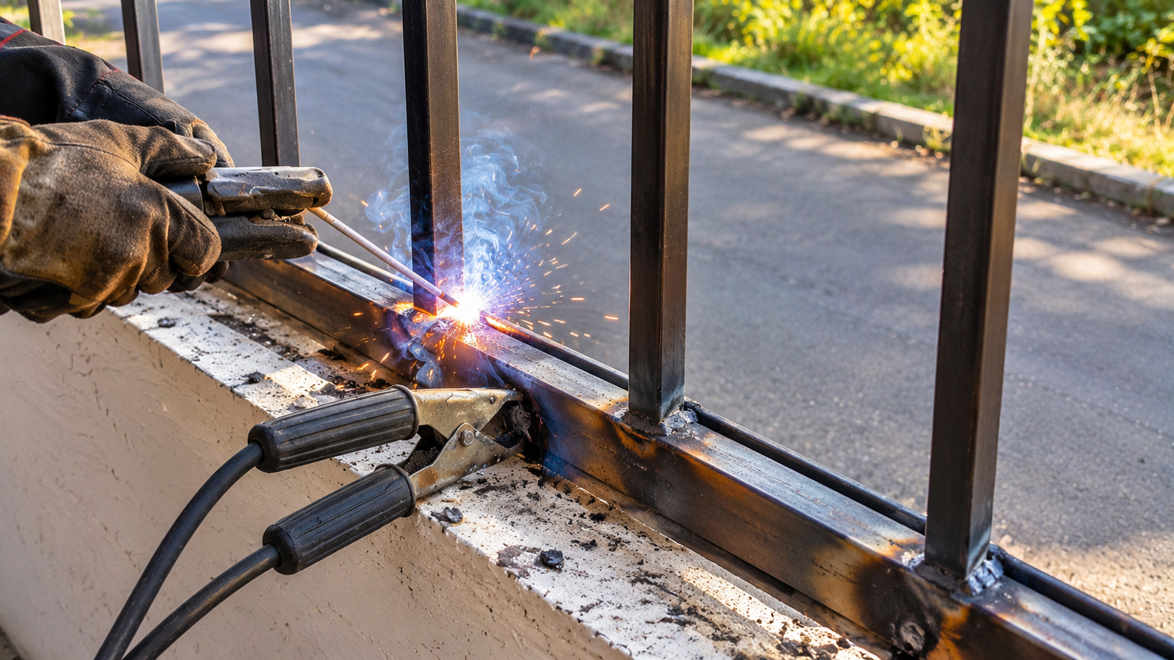 Welder attaching a metal fence to a concrete wall, with sparks flying beside the street.