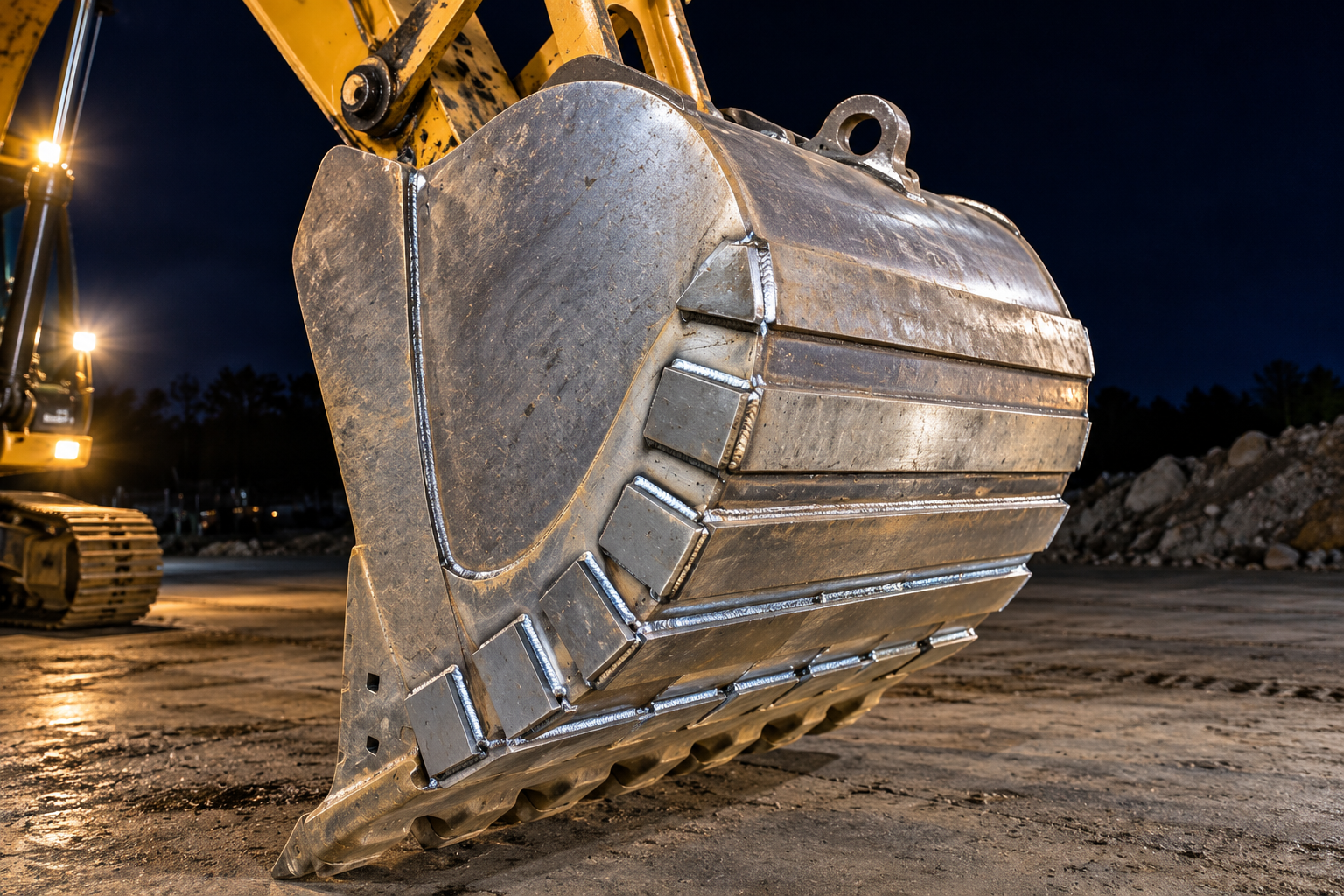 Large excavator bucket lifting gravel at a construction site at night