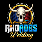 Rhoades Welding logo with a bull skull, gold horns, and blue-red text on a black background