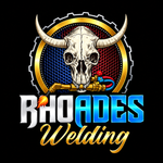 Rhoades Welding logo with bull skull, gold horns, blue-red gear background, and bold white-blue text