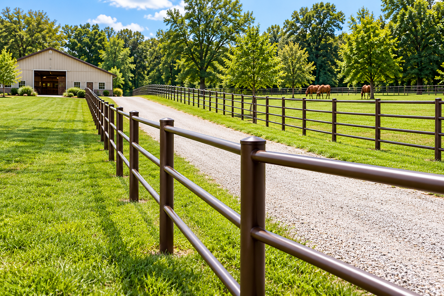 Gravel driveway beside a brown fence leading to a barn on a sunny rural property