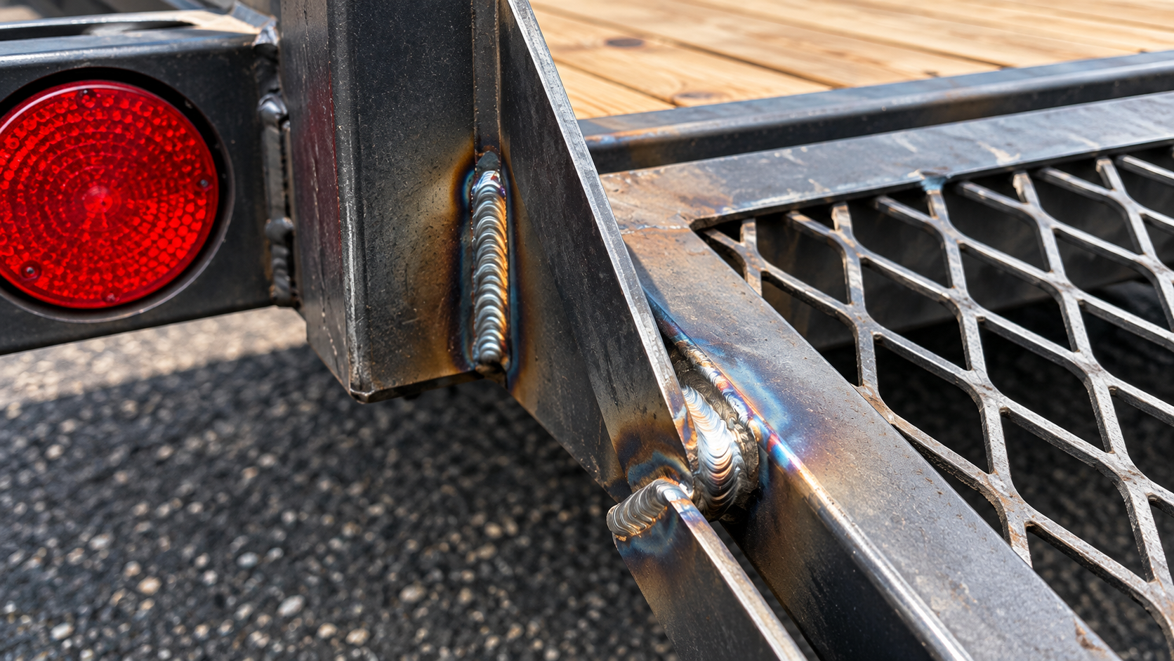 Close-up of a trailer corner with red reflector, metal welds, and mesh ramp deck on pavement
