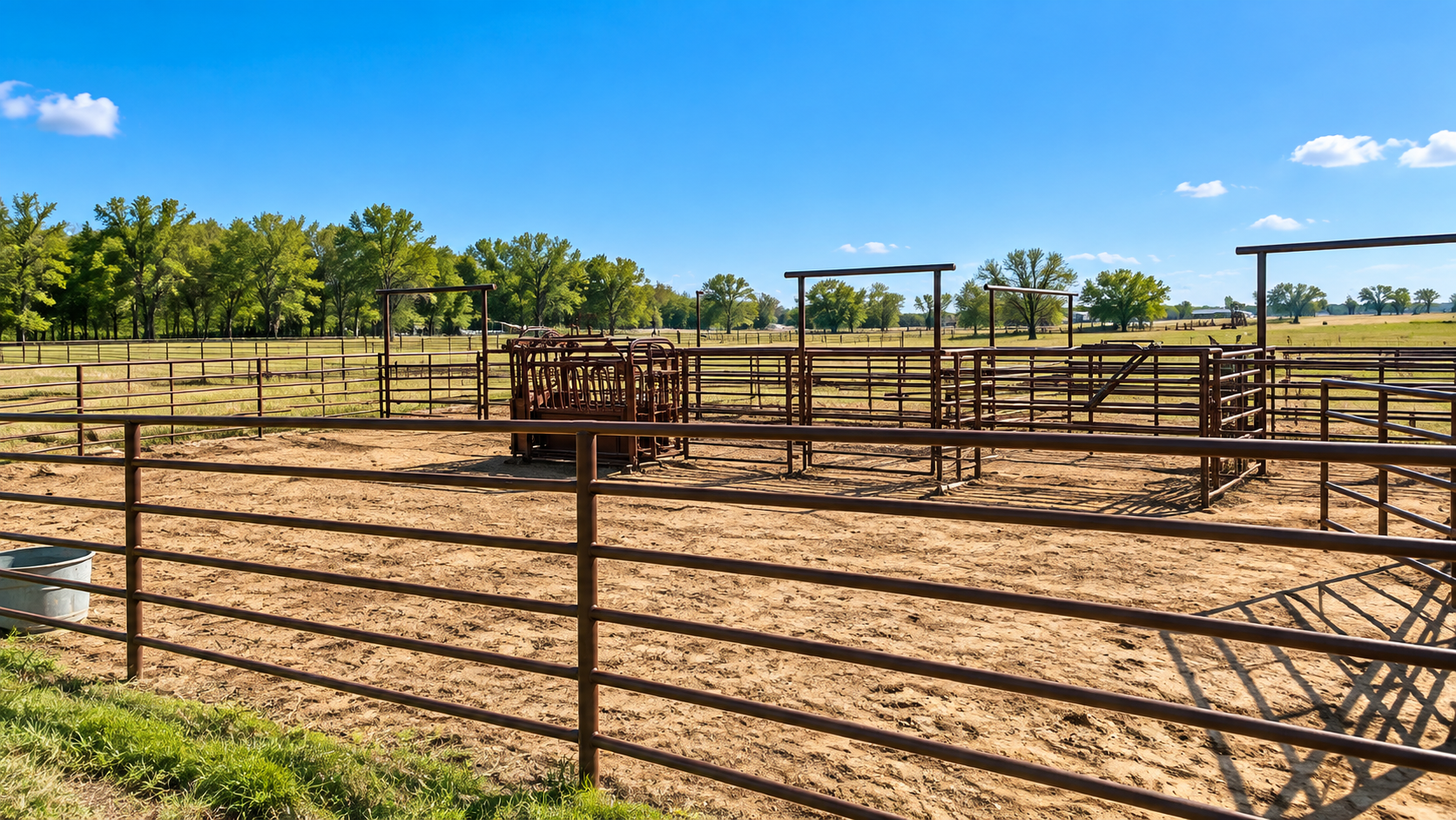 Rural cattle corral with metal fencing and dry dirt, backed by trees and open blue sky.