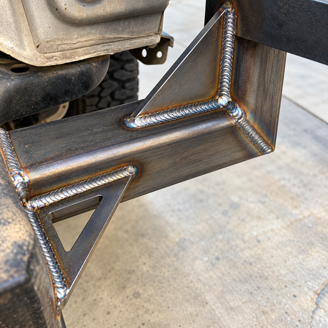 Close-up of a welded steel tube frame with triangular braces on an off-road vehicle