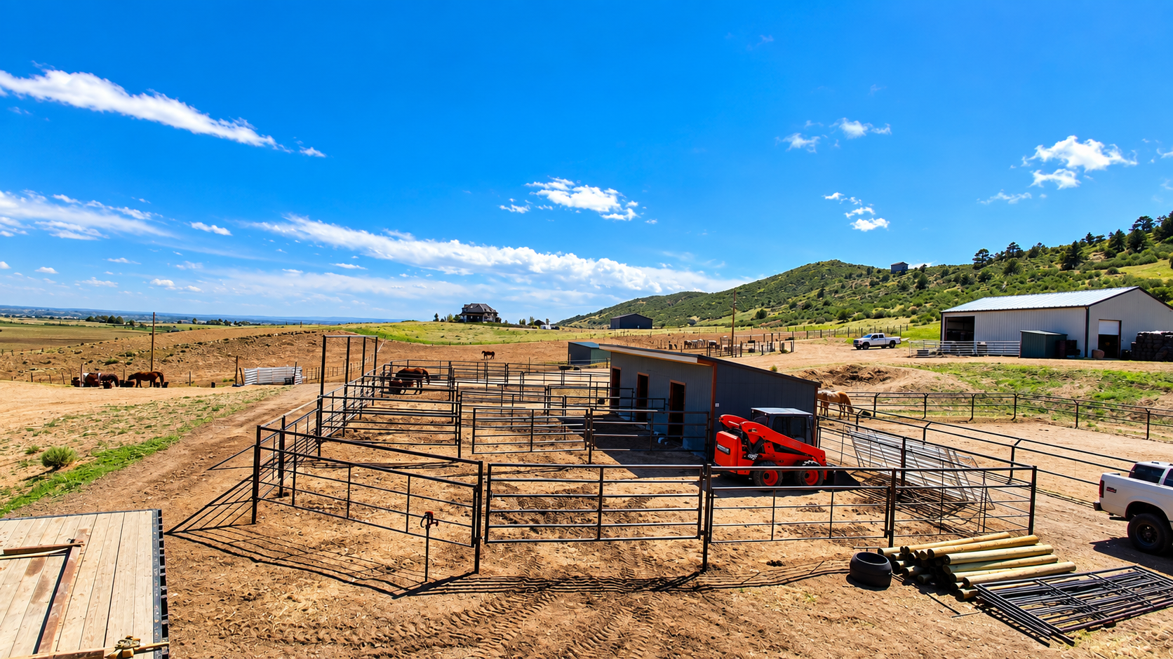Rural construction site with fencing, a red utility vehicle, dirt lots, and a blue sky with clouds