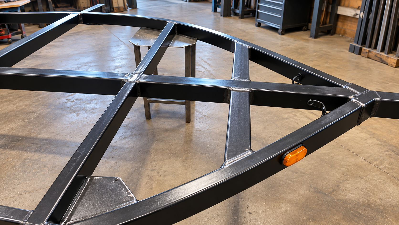 Black metal trailer frame with orange reflectors in a workshop garage