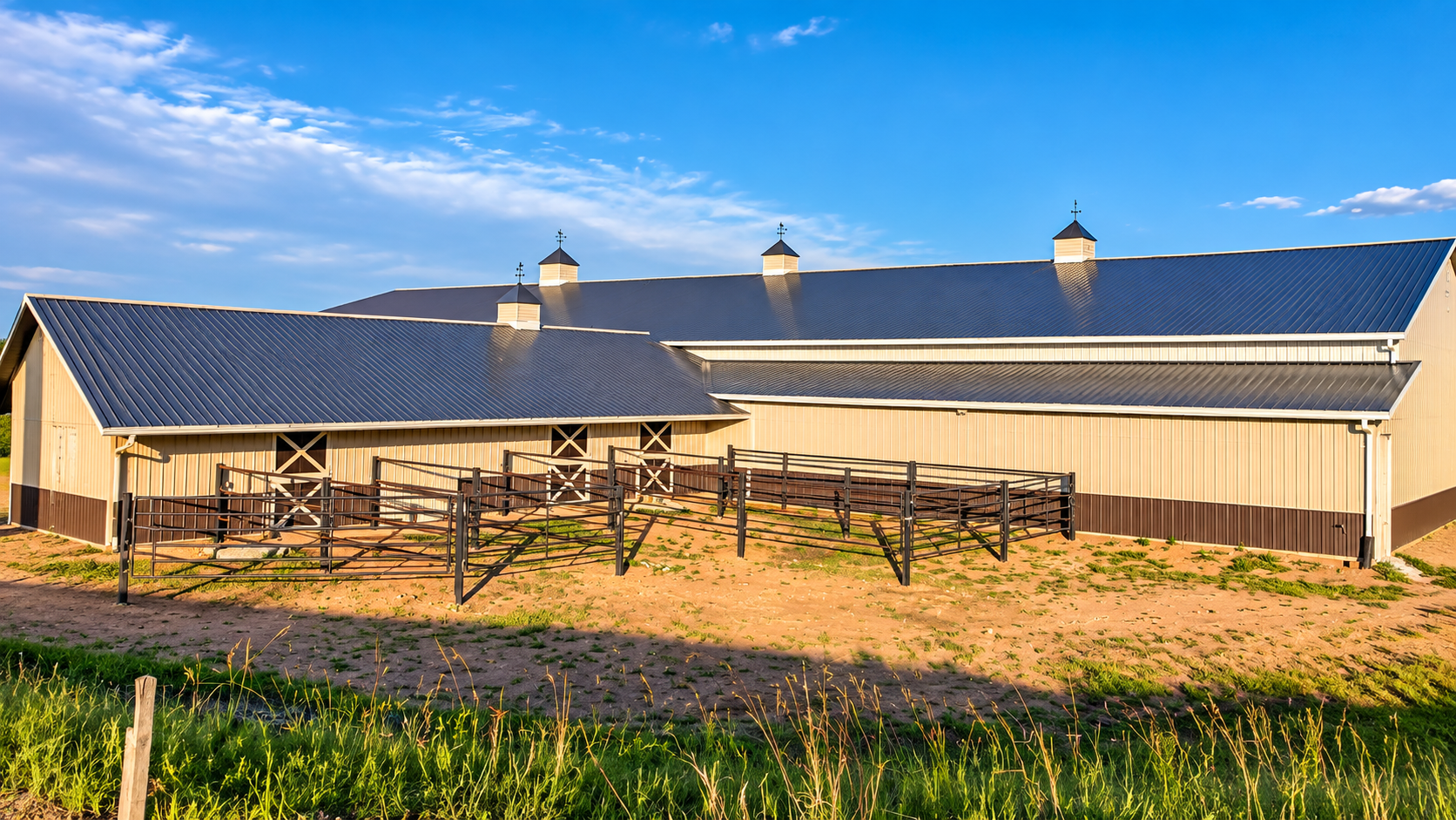 Long white barn with a blue metal roof and fenced paddock in a sunny rural field