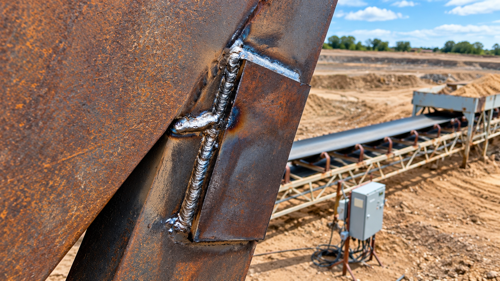 Close-up of a rusted metal weld on industrial conveyor equipment in a dry field.