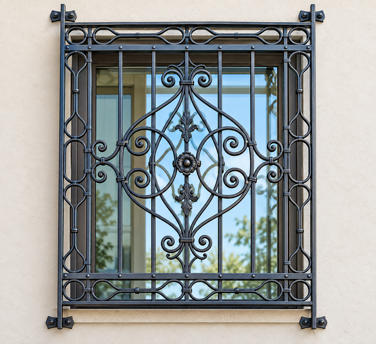 Ornate black wrought-iron window security grille with scrollwork over a window