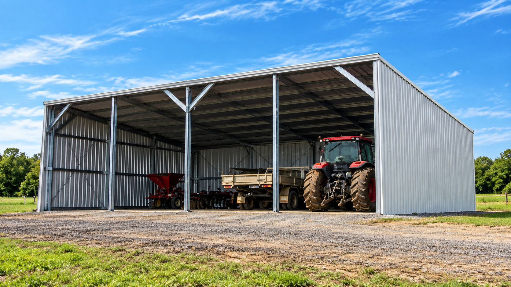 Open-sided metal shed with a red tractor and farm equipment inside on a grassy rural lot.
