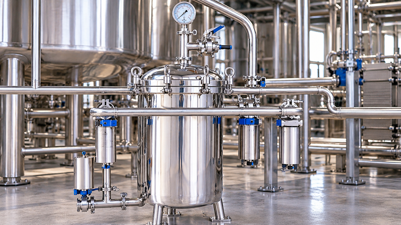 Industrial stainless steel tanks and pipes in a clean processing plant with gauges and blue valve handles