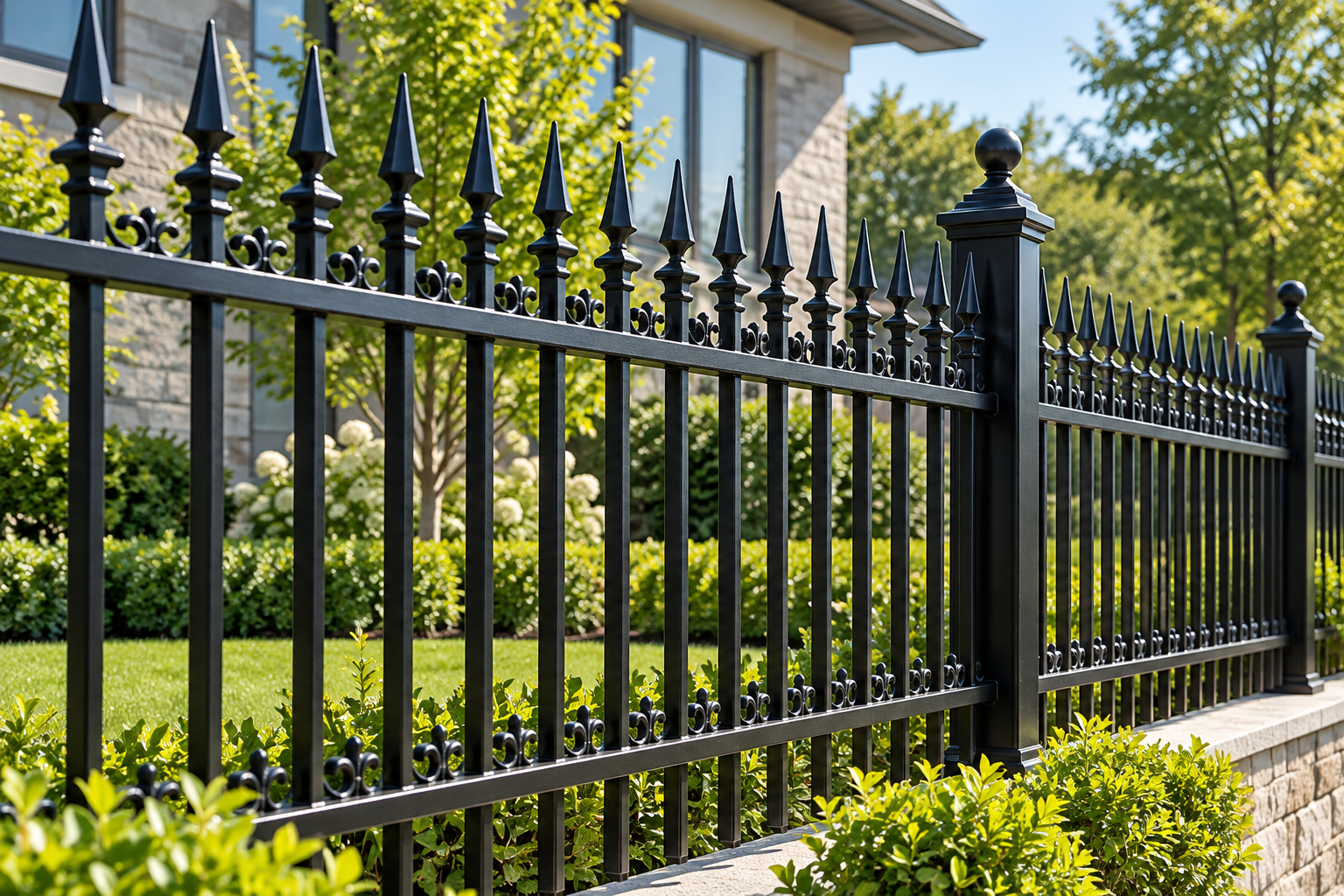 Black wrought iron fence with pointed finials along a landscaped home garden