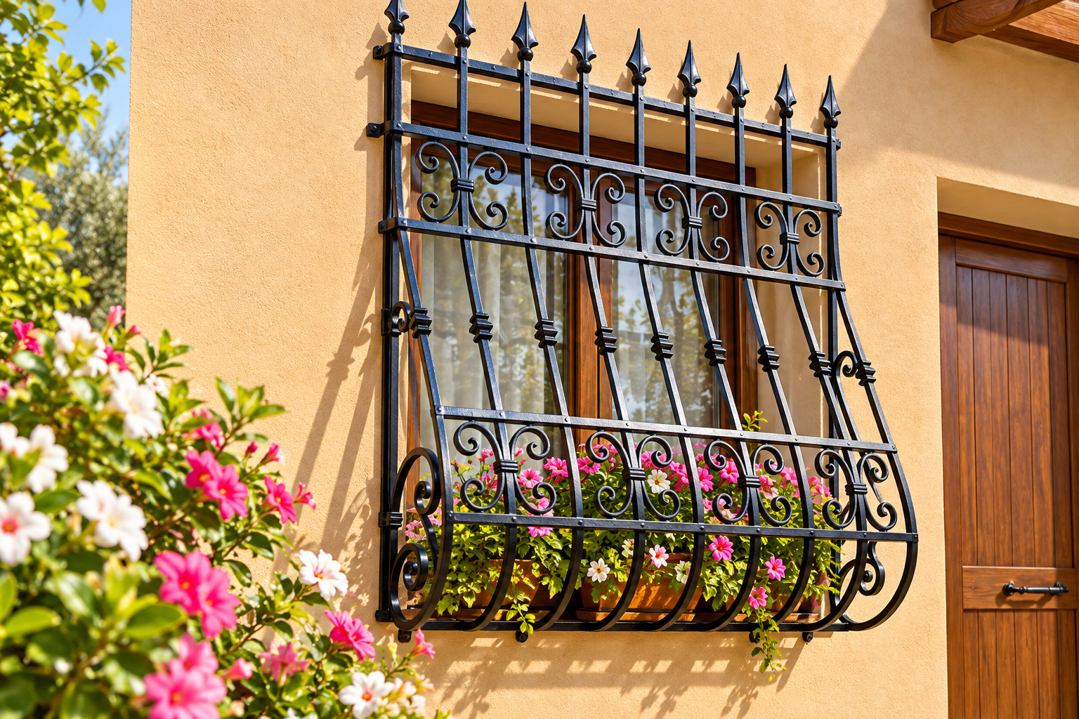 Black wrought-iron balcony with pink flowers on a yellow stucco wall beside a wooden door