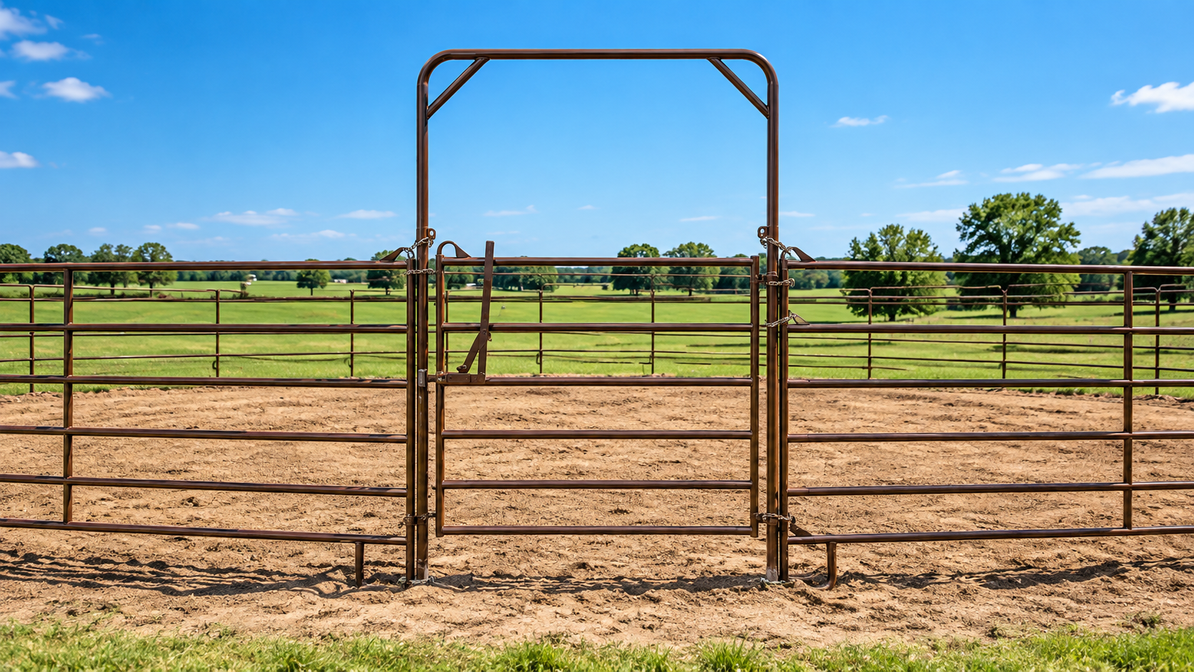 Rusty metal ranch gate in a fenced pasture with green fields and blue sky behind it
