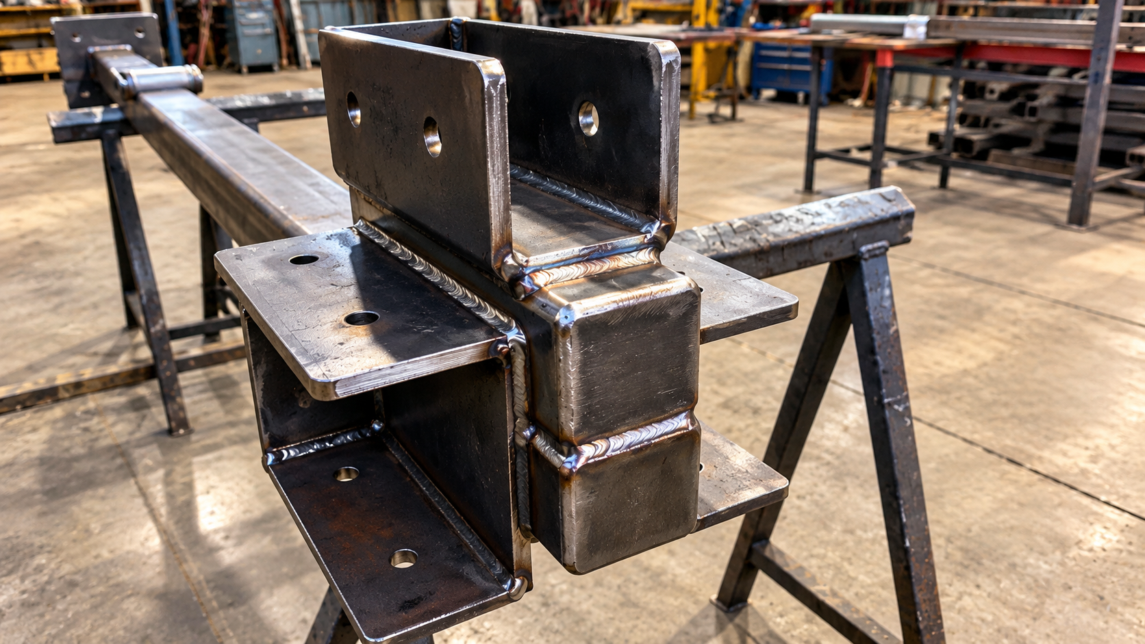 Steel I-beam assembly on sawhorses in a workshop, with welded plates and brackets.